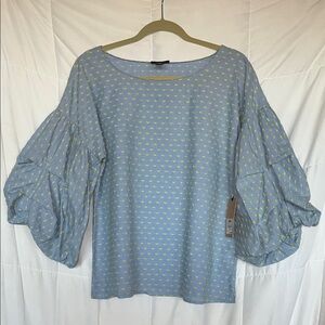 NWT Halogen Blue and Green Polka Dot Cotton Exaggerated Sleeve Top Large